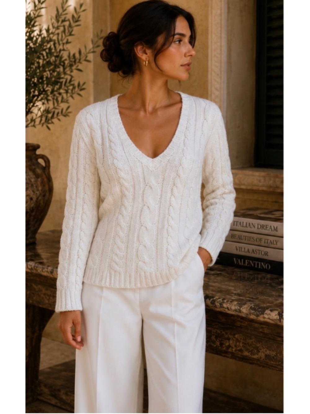 Lauren Ralph Lauren Cable Knit V-Neck Sweater, Size L Off White Sequin Detail